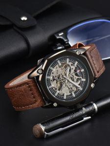 Men automatic watch waterproof sport skeleton mechanical watches outdoors fashion leather mens watch boyfriend gift