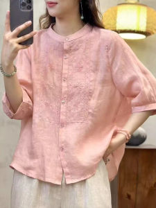 เสื้อเชิ้ตผ้าลินินปักลายสไตล์ย้อนยุคสำหรับผู้หญิง ทรงหลวม สวมใส่สบาย เสื้อเชิ้ตคอโปโลแขนยาวทรงหลวม สไตล์ลำลอง