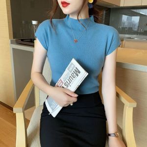 CARINE Turtle Neck T-shirt for Women Short Sleeve Knitted Thin Sweater 2023 Solid Color Ice Silk T-shirt Trendy Tops for Women