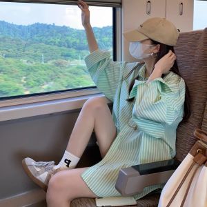 Stylish Elegance Loose Versatile French Design Green Striped Shirt