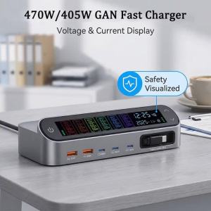 470W GaN Fast Charger 140W PD3.1 PPS USB Type-C Digital Display Station Retractable Cable iPhone 16 15 MacBook Samsung