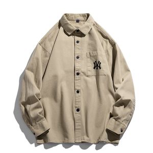 Mlbny Long Sleeves Shirt Men 2024 Spring and Autumn American Retro Tops Casual Pure Cotton Loose Overalls