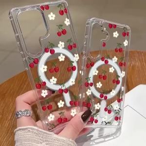 HD Clear Magnetic Phone Case For Samsung Galaxy S26 S25 S24 S23 S22 S21 S20 Note 20 Ultra Plus MagSafe Cherry Flower Print Cover