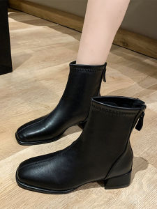 Fashionable Korean Style Martin Boots Womens Autumn Winter New Square Head Thick Heel White High Heel Elastic Slim Short Boot