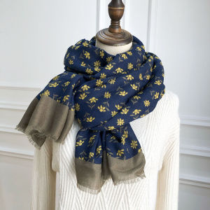 Deep Blue Floral Cotton Linen Scarf Womens Korean Style Spring Autumn Versatile Long Artistic Retro Winter Warm Shoulder Wrap Dual Use