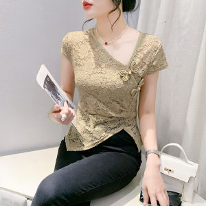 YIMEI 2024 Summer New Fashion Diagonal V-neck Korean Irregular T-shirt Slim fit Short sleeved Pleated Lace Top for Women