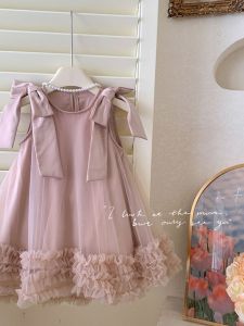 ชุดเดรสผ้าตาข่ายสไตล์เกาหลีน่ารักสำหรับเด็กผู้หญิงในช่วงฤดูร้อน ชุดคลุมศีรษะแบบมีโบว์ผูก ชุดเกิดใหม่ ชุดเดรสผ้าไหมลายดอกไม้