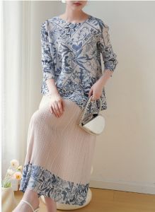 Miyake เสื้อยืดลำลองพลีทสไตล์ประจำชาติคลาสสิกระดับไฮเอนด์ #7161-1