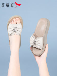 Reddragonfly | Leather Summer Slipper with Bow Design Thick Heel Height-increasing Soft Bottom
