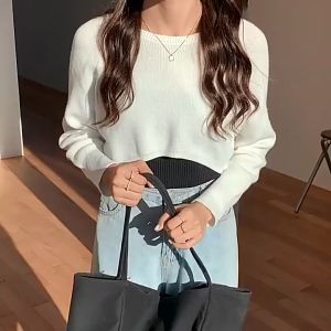 K.Store Crop sweater loose korean style Long Sleeve round Crew neck Top casual Highwaist for wome