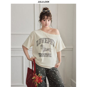 JULULOOK | Áo Thun In Chữ Dễ Thương Form Rộng Kiểu Trễ Vai Size Lớn