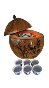 Bộ bình ủ trà trái dừa khắc chữ "Thọ tựa thái sơn" / Bình trà 04 - 09 lít / Giữ ấm 3 - 6 giờ / Sản phẩm sản xuất thủ công trứ danh xứ dừa Bến Tre