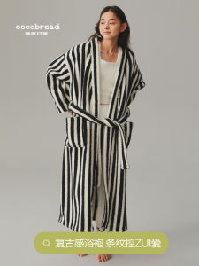 ชุดนอนผู้ชายผ้าขนแกะคอร์สเกิลลายทางหนา ชุดนอนผู้หญิงฤดูใบไม้ร่วง/ฤดูหนาว ชุดนอนผู้ชาย ชุดนอนผู้หญิง ชุดนอนคู่