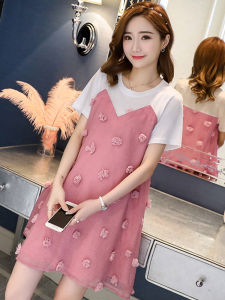 Váy Bầu Cua Mùa Hè Thời Trang Mới 2025 Bộ Đồ Cotton Pha Lưới Cổ Tròn Phong Cách Hàn Quốc Dài Vừa Phải Váy Chữ a