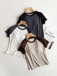 Short Sleeve with Chest Pad T-Shirt Womens Spring and Summer New Arrival Color-Block Crew Neck Tops Inner Wear Outer Wear Slim Looking Casual Bottoming Shirt