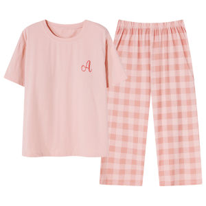 MiiOW | Pure Cotton Short Sleeve Sleepwear Womens Style Casual Summer Home Clothes Elegant Seven-Foot-Pant Length Breathable Skin-Friendly