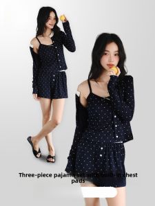 miiow | Cat Woman Ice Silk Sleepwear Womens Summer Thin Strap Shorts Set With Chest Pad Ladies Home Clothes Breathable Lightweight