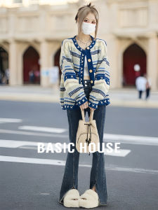 Áo Len Cardigan Dệt Kim Basic House Màu Khối Lượng Nặng Cho Nữ Mùa Thu Đông Áo Khoác Ngoài Cổ Tròn Dài Tay Họa Tiết Sọc