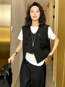 In Stock European Station Spring and Summer New round Neck Double Row Multi-Buckle Asymmetrical Simple and Stylish Casual Blazer Vest Coat