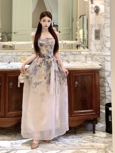 Elegant French Style Floral Print Maxi Dress Womens Beautiful Unique Luxury Gown Sweet Waist Design Sleeveless Evening Dress