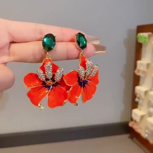 Bông Tai Hình Hoa Men Màu Cam Phong Cách Hàn Quốc Với Pha Lê Xanh Lục Dành Cho Nữ Cô Gái Cổ Điển Trang Sức Dự Tiệc