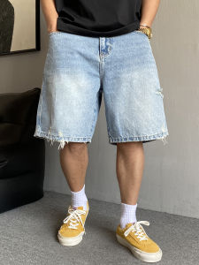 Quần Short Denim Rách American Casual Mùa Hè Cho Nam Ống Đứng Rộng Rãi Phong Cách Đường Phố Quần Jeans Nam Thời Trang