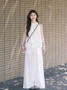 VKSOD | French Lace Trim Sleeveless White Vest Women Summer High Waist Loose Wide Leg Pants Two Piece Set Casual Round Neck Top