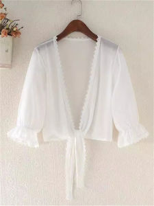 Áo Khoác Cardigan Tay Lỡ Mùa Hè Cho Nữ Áo Khoác Ngoài Tay Loe Ngắn Mỏng Áo Khoác Nhỏ Chống Nắng Bằng Chiffon Áo Sơ Mi Ren