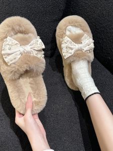 รองเท้าแตะส้นหนาแบบสวมหัวสำหรับผู้หญิง ทรงส้นแบน พื้นยาง รองเท้าแตะแบบสวมหัวสำหรับฤดูใบไม้ร่วงและฤดูหนาว ทรงหัวเข็มขัดผีเสื้อ