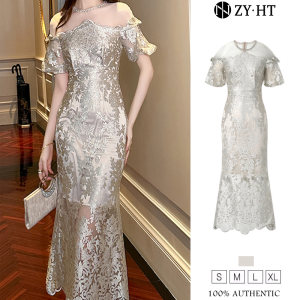 ZYHT EraVogue Womens Dresses Silver Dresses Fishtail Dresses Puff Sleeve Dresses Work Dress Hiso Dress Vintage Dress Work Dress Party Dress Evening Dress 21330