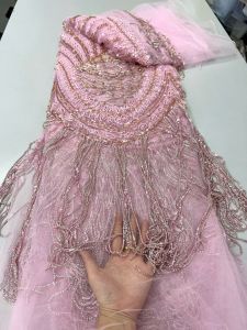 Luxury Red African Beaded Mesh Lace Fabric Embroidery Sequins French Tulle Lace For Nigerian Wedding Party Dress 5 Yards AT2911