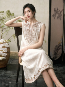 JK＆JS | New Chinese Style Long V-neck Tencel Linen Embroidered Dress Womens Summer Fashion Straight Cut Midi Dress Comfortable Fit