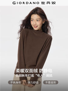 เสื้อยืดแขนยาวผู้หญิง Giordano ฤดูใบไม้ร่วง/ฤดูหนาว ผ้ากำมะหยี่สองด้าน ปกสูงครึ่งตัว สีพื้น เสื้อชั้นในพื้นฐาน