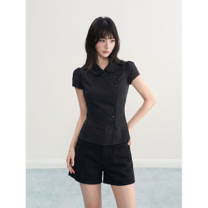 ARCG | Black Puff Sleeve Short Sleeve Petite Babydoll Fit and Flare Shirt