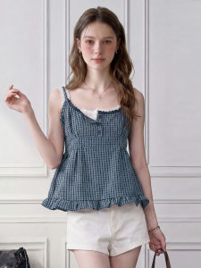 LIDIA | French Style Vintage Two-Piece Imitation Blue Check Lace Ruffled Short Top