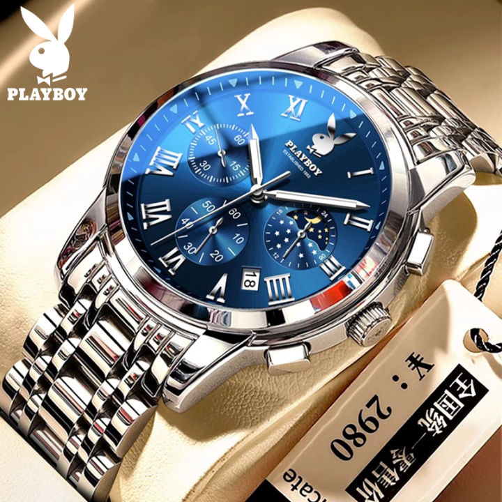 PLAYBOY jenama tulen tangan lelaki waterproof original brand tahan air clock watch for mens 2023 Baru Fesyen Mewah Kasual Pelbagai fungsi kuarza bercahaya bercahaya jam fasa matahari dan bulan hadiah