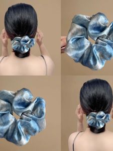 Elegant Blue Satin Hair Ties for Women Painting Starry Sky Design Large Bow Hair Bands Hair Accessories Summer Hair Styling Tools