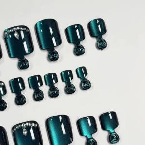 24Pcs Lake Blue Cat Eye Press On Toenails Short Square False Toe Nails with 3D Rhinestones Summer Beach Pedicure Fake Foot Nail