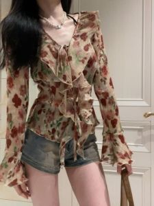 Summer 2025 plus Size Womens Floral Lace Hem V Neck Chiffon Top Design Sense Belt Long Sleeve Korean Style Loose Fit Shirt