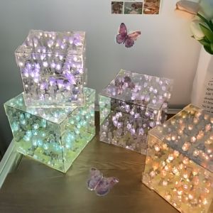 DIY LED INS Tulip Nightlight Handmade DIY Material Cube Tulip Mirror Bedroom Decor Atmosphere Lamp Valentines Day Birthday Gift funny gift