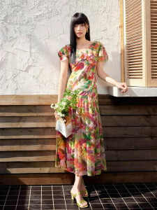 INLIFE | French Style V-Neck Printed Slim A-Line Midi Dress