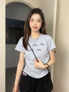 Fresh Style Womens T-shirt with Butterfly Knot Cuffed Short Sleeve Cotton Blend Fashionable Korean Version Slim Fit Top