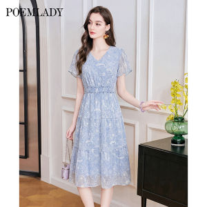 POEMLADY | Floral Print Spaghetti Strap Blue Chiffon Dress Mid-length