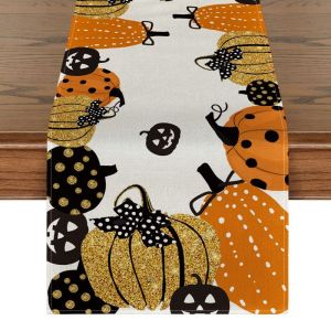 VIKAMA Halloween Table Runner Long Lanh Chấm Bi Bí Ngô Nơ Vải Lanh Trang Trí Bàn Ăn Cho Ngôi Nhà Trang Trại Bữa Tiệc Ngày Lễ