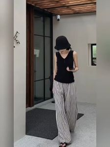 🚚พร้อมส่งจากกทม🔥ผู้หญิงกางเกงลำลอง กางเกงลายทาง กางเกงเอวสูง กางเกงขากว้างหลวม ลายทาง ผ้านุ่ม สวมใส่สบาย เอวสูงเพื่อแสดงความผอม