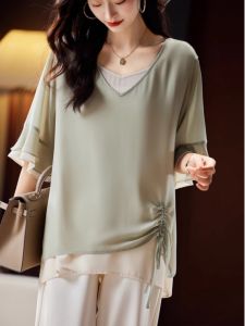 Chic Summer Shirt Womens Loose Style Korean Version Floral Edge Short Sleeve V-Neck Solid Color Top Elegant Two-Piece Look