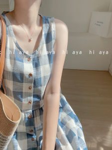 Artistic man Retro Plaid Sleeveless Vest Dress Women Summer Sweet Lazy Long Skirt Casual round Neck Polyester Fiber