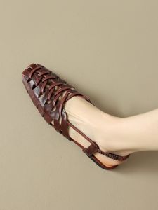 Fashionable Woven Flat Head Roman Style Sandals Womens Leather Inner Outer Breathable Hollow out Silver Summer Shoes