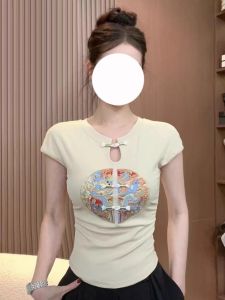 Elegant Embroidered Large Size T-Shirt New Chinese Style Light National Trend Button up Slimming Fashionable Beautiful Top