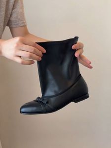CAIZINI | French Design Round Toe Bow Short Boots Mid Calf